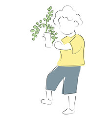 Hand drawn line art vector of little kid holding a plant pot. gardening and planting plants. Kids outdoor activity poster.