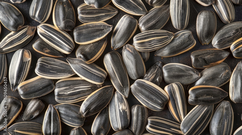 Poster sunflower seeds arranged on the surface to create a textured background
