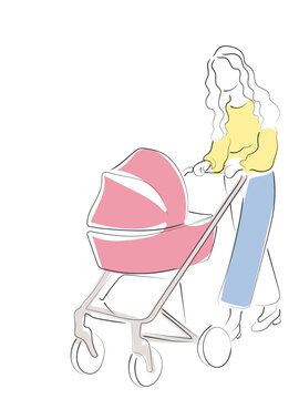 recommend clip art: hand drawn line art vector of a mom holding a stroller. Baby and mother walk. Motherhood concept. Young mothers.