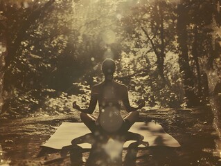 Peaceful Yoga Silhouette in Sun Dappled Forest Clearing with Nostalgic Vintage Aesthetic