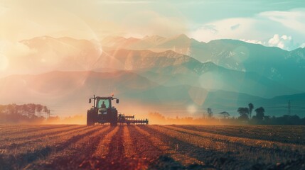 Fototapeta premium A double exposure of a tractor plowing a field, its silhouette merging with a majestic mountain range, showcasing the power of agriculture against a grand backdrop.