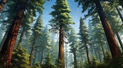 Majestic redwood forest watercolor illustration - Generative AI. Forest, pines, tall, blue, sky.