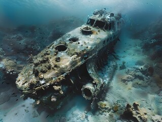 Sunken Shipwreck Resting in Vibrant Underwater Coral Reef Ecosystem