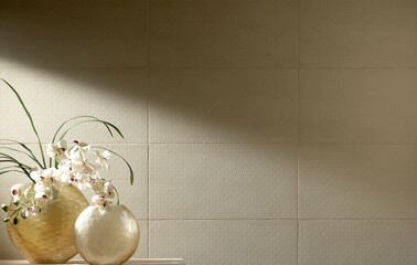 Front view of beige ceramic interior background with decoration