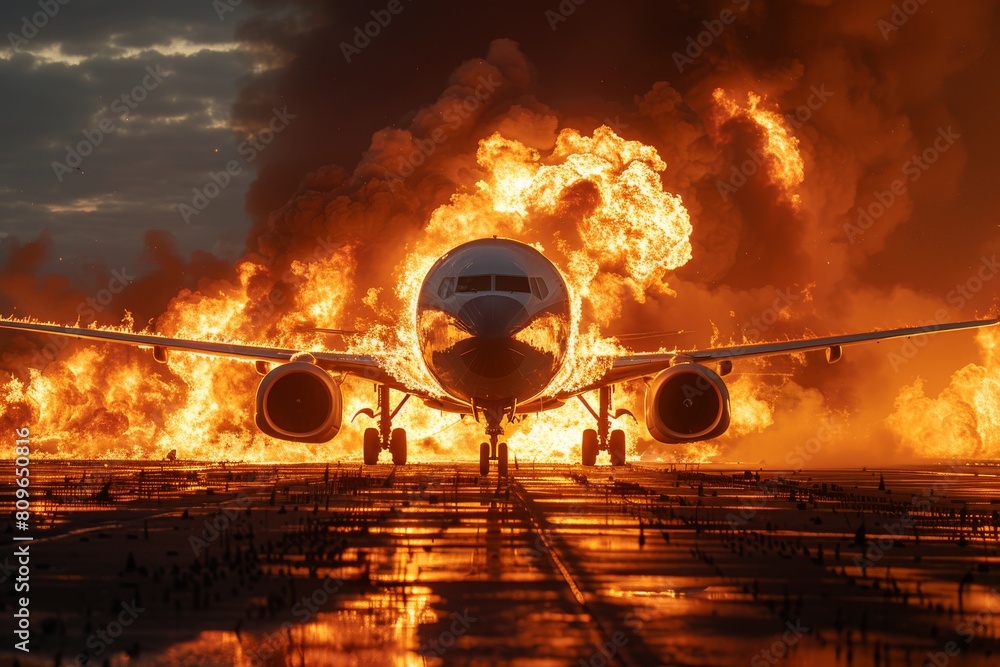 Poster a dramatic and dynamic image of an airplane directly facing a massive explosion with vivid flames en