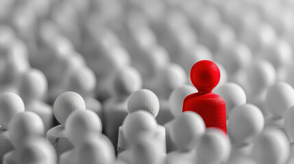 Fototapeta premium red figurine standing out in a crowd of white figurines, concept of uniqueness and individuality