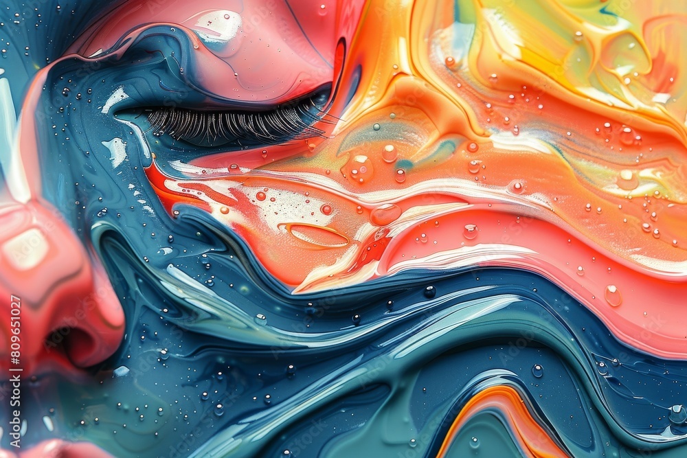 Poster this image features a close-up view of vibrant abstract liquid art with a mix of colors and textures