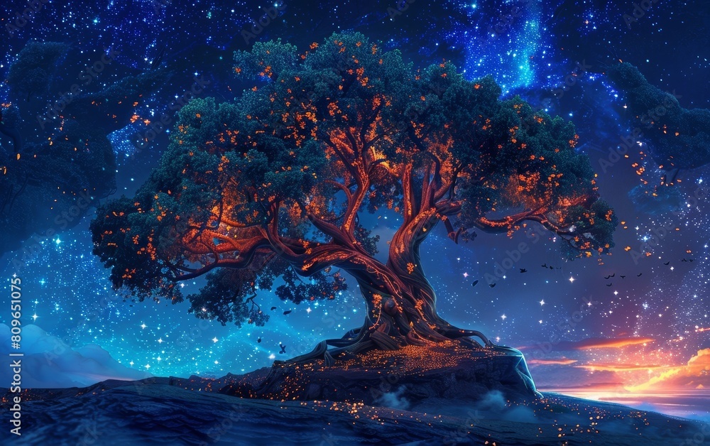 Wall mural a magnificent tree bathed in twilight hues stands atop a cosmic cliff, its branches reaching into a 