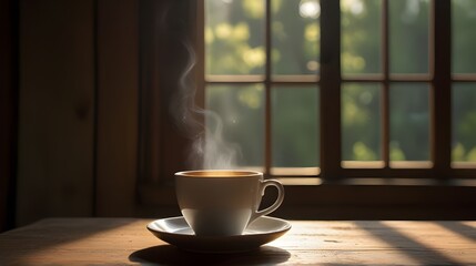 A steaming cup of coffee sitting on a rustic wooden table with morning sunlight streaming through a window 