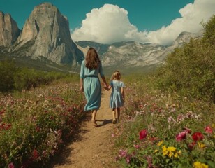 Fototapeta premium A woman and a child are walking through a field of flowers