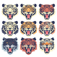 Nine roaring tiger faces, different colors, angry expressions. Graphic style tigers, aggressive, snarling fierce animals. Vector tiger heads, snarling, multicolored, wild feline collection