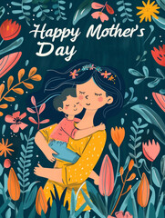 Heartwarming artwork of a mother cuddling her child with a lush floral backdrop for Mothers Day celebration.