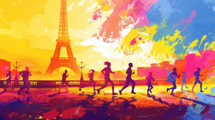 Runners silhouette against a vivid sunset backdrop with the Eiffel Tower, capturing the essence of a Paris marathon.