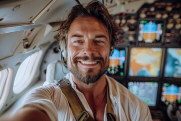 Obraz premium Cheerful male pilot taking a selfie inside a cockpit with various controls visible