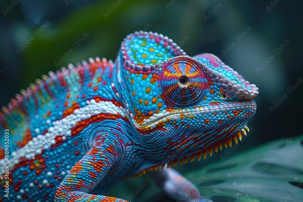 Poster macro shot of a colorful chameleon with intricate patterns on its body on a leaf