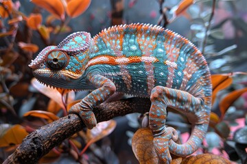 Obraz premium Amidst the foliage, a chameleon grips tightly to a branch showcasing its adaptive coloring and patterns
