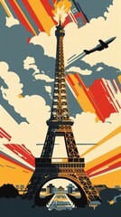 Stylized graphic of the Eiffel Tower, with a retro feel, featuring bold stripes and a dynamic backdrop of clouds and airplanes.