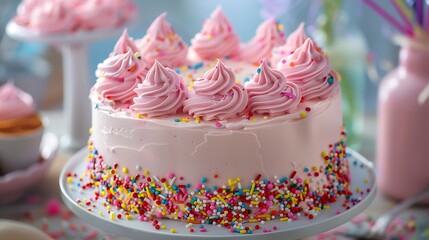 Pastel colored birthday cake with sprinkles and pink buttercream swirls