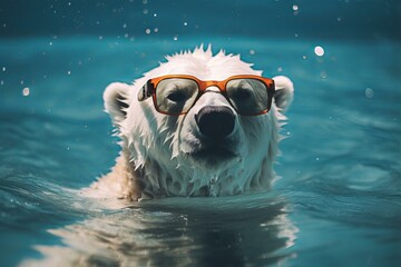 A white dog wearing orange sunglasses enjoys a swim in clear blue water