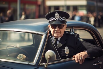Senior policeman poses in a retro police vehicle