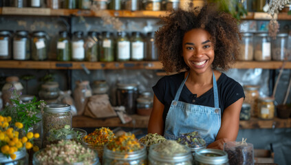 Wellness Advocate: Smiling Black Woman Shopkeeper