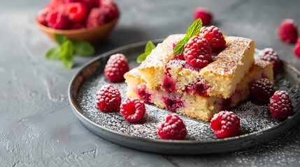 Pieces of homemade raspberry cake on a plate with fresh raspberry berries and mint