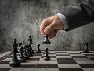 Business hand making a move in chess game, symbolizing strategy.