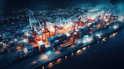 Obraz premium Container ship unloading in deep sea port, Aerial business commercial trading logistic import and export freight transportation, Container loading cargo freight ship maritime