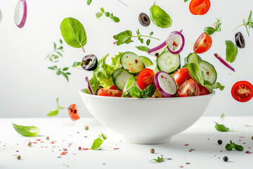 close up of salad flying into bowl