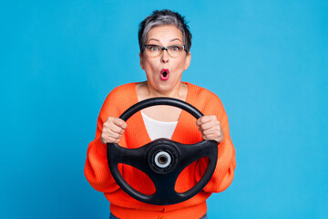 Photo portrait of lovely senior lady hold steering wheel amazed dressed stylish orange garment...