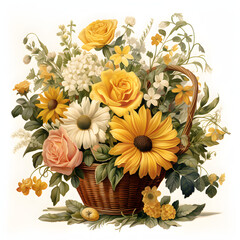 Obraz premium A classic clip art of a yellow flower basket, overflowing with assorted blooms and greenery.