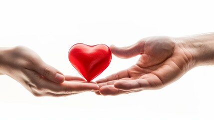 A red heart is in the hands of a woman and man on a white background. The concept is of love, giving gifts, and donorship.