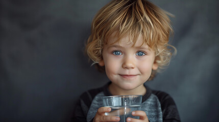 Portrait of caucasian boy child toddler stand and hold glass of water - Powered by Adobe