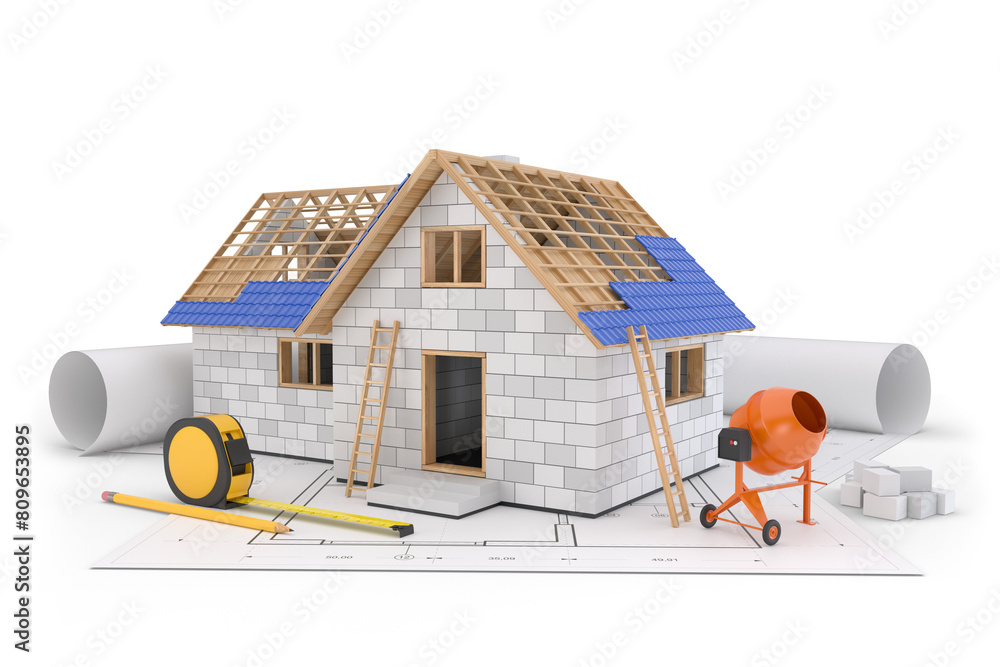 Canvas Prints House construction with blueprints, 3d illustration