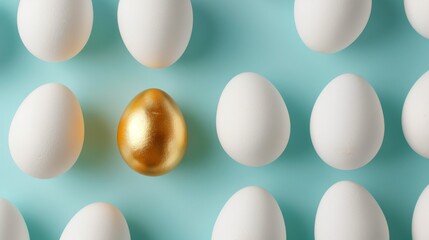 On a blue background, one golden egg stands out among white eggs. This represents individuality, exclusivity, and having better choices.