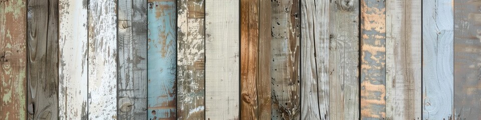 Background from a row of old wooden boards painted in different colors, cracked and worn