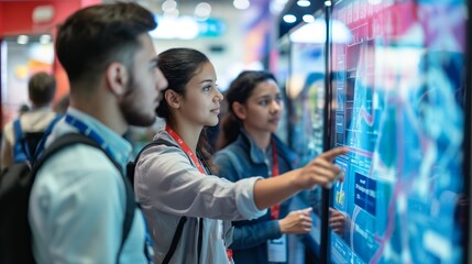 Team of Young Professionals Engaging with Interactive Display at Tech Expo