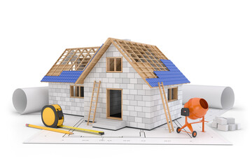 House construction with blueprints, 3d illustration