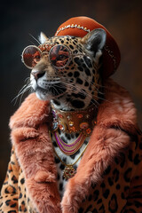 The Profile of An Leopard Dressed in Extravagant, Overly Ornate Attire Against A Single-Color Background