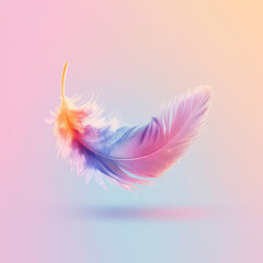 Colored bird feather floating in air on gradient background copy space