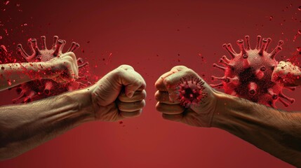 Two fists with a man's face and a woman's face collide on a coronavirus background. Concept of domestic violence, squabbling, fight during the coronavirus covid-19 pandemic.