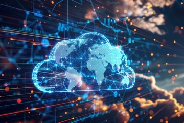 Map connecting worldwide data cloud computing tech concept abstract global transfer