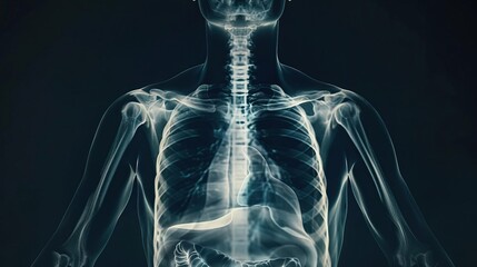 A digitally enhanced Y2Kstyle chest Xray of a healthy man, highlighting the lungs, heart, diaphragm, and spine, merging medical accuracy with millenniumera visual flair