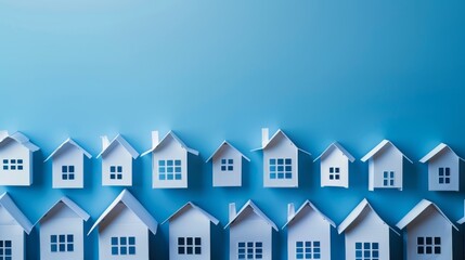 Property search, rent, and purchase concept. Blue background with paper houses and growth trend shadows.