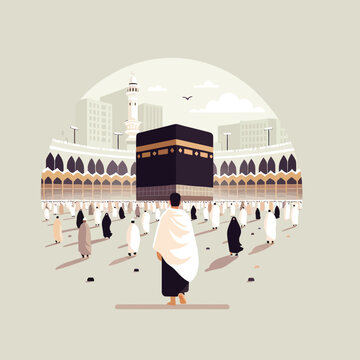 illustration of a person performing the Hajj circumambulating the Kaaba