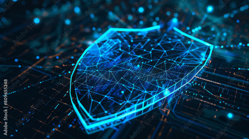 Poster wireframe of cybersecurity shield data protection and privacy. concept cybersecurity, data protectio