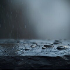 stone top with rain falling on the ground, with a blurry background for product presentation