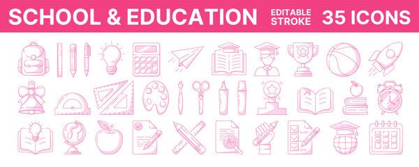 School and education, line vector icon set, editable stroke, color. Back to school concept, symbols of knowledge, learning, study, task list, stationery, backpack. For web, mobile app, social media