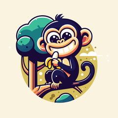 mascot logo cartoon of a cute chimpanzee eating a banana on a tree
