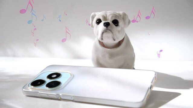 Cute dog toy with shaking head, accompanying the rhythm of the music, funny nodding toy with modern silver smartphone, humor. White background, copy space